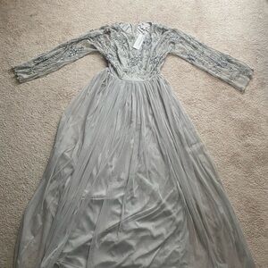 ON SALE beautiful beaded silver gown with tulle skirt!